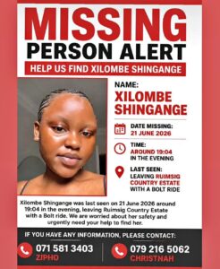 Missing Person Alert — Help Locate Xilombe Shingange Last Seen Leaving Ruimsig Country Estate
