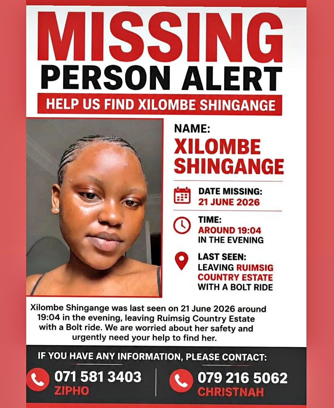 Missing Person Alert — Help Locate Xilombe Shingange Last Seen Leaving Ruimsig Country Estate